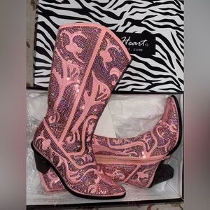 Pink Embellished Women's Heeled Boots